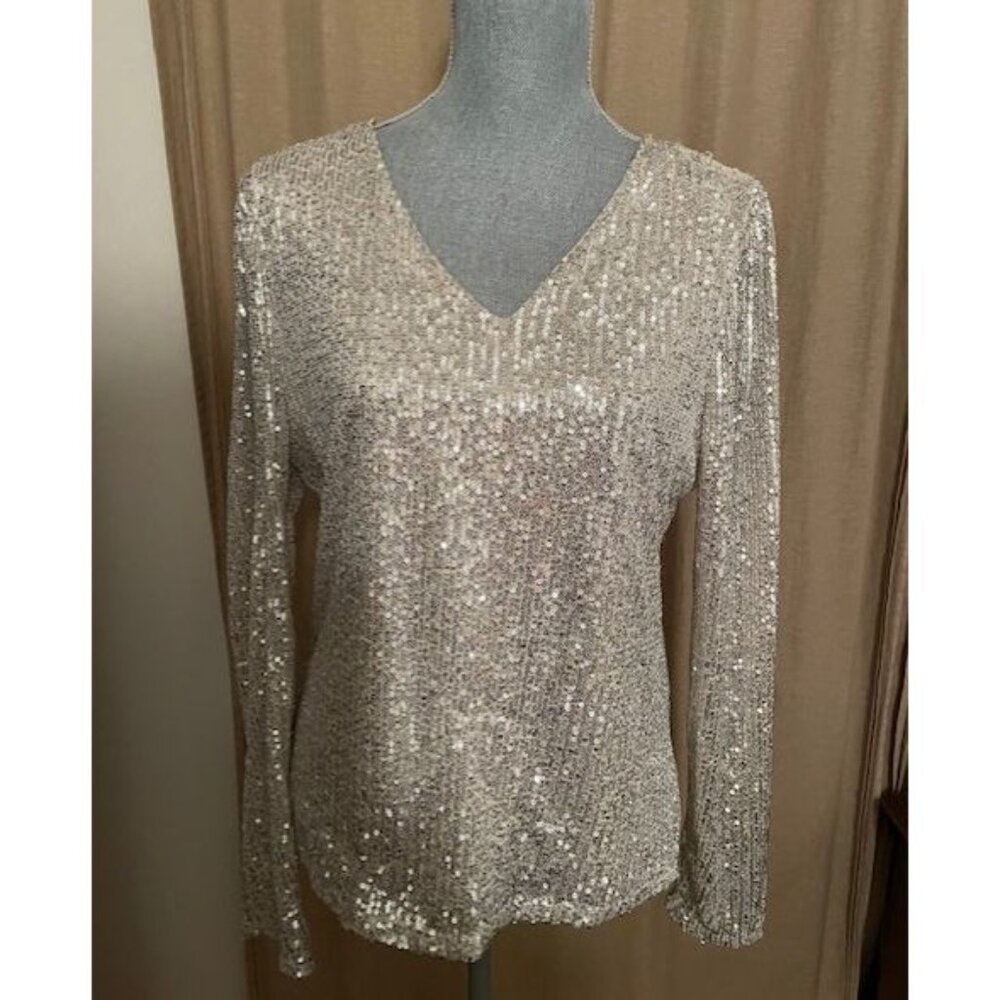 SUZY SHIER Silver Sequined Long Sleeve Top Size XL